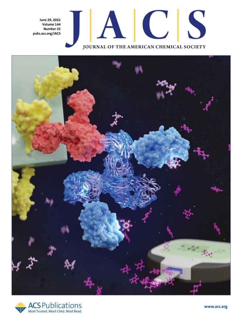 Capa da revista científica JACS, com proteínas complexas e moléculas de glicose e sacarose