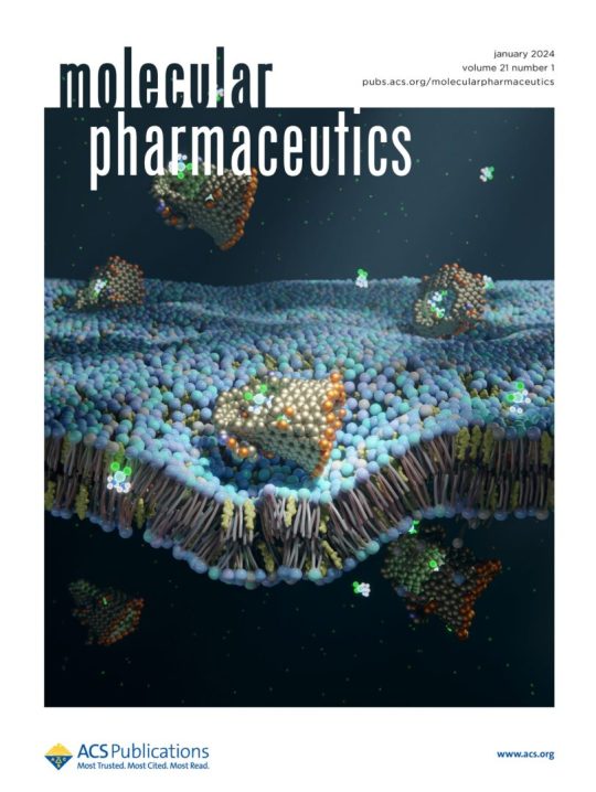 Capa da revista Molecular Pharmaceutics com vários nanohorns atravessando membrana celular de cor azul e moléculas de cisplatina na cena