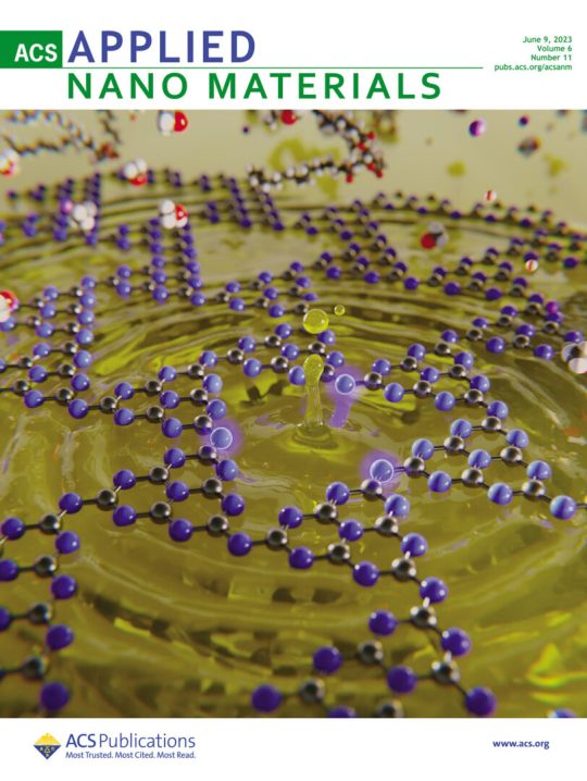 Capa da Revista Científica ACS Applied Nano Materials, com uma folha de nitreto de carbono sobre um liquido biodiesel com moléculas de triglicerideo e metanol ao fundo