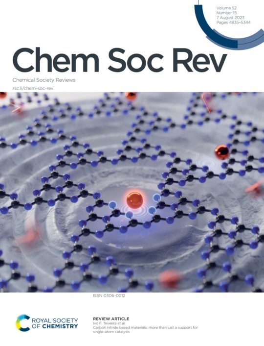 Capa da Revista Científica Chemical Society Reviews com uma folha de nitreto de carbono sobre uma superfície ondulada