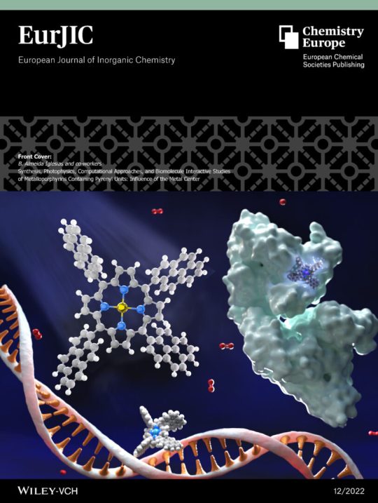 Capa da revista científica EurJIC com uma proteína, DNA e compostos de coordenação